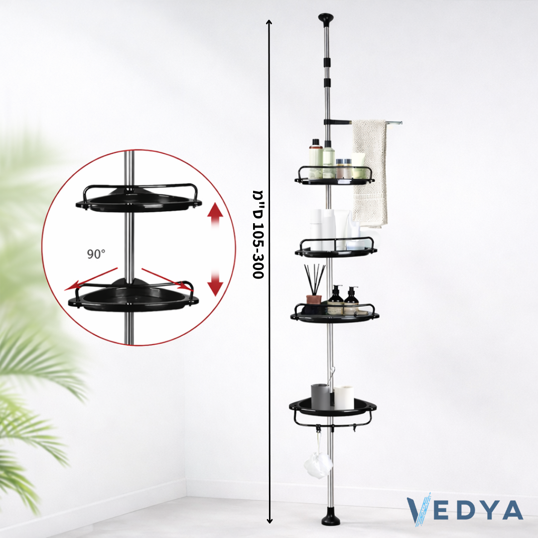 עמוד מדפים טלסקופי פינתי למקלחת 4 קומות - דגם אושר