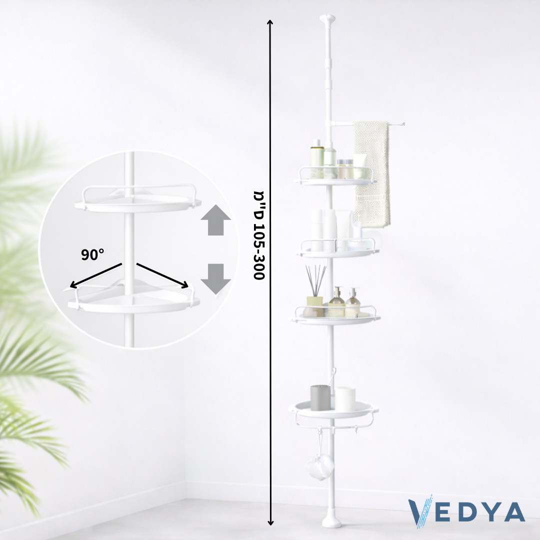 עמוד מדפים טלסקופי פינתי למקלחת 4 קומות - דגם אושר