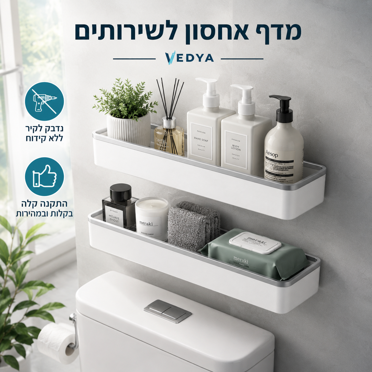 מדף אחסון בהדבקה לשירותים מעל האסלה - ללא קידוח